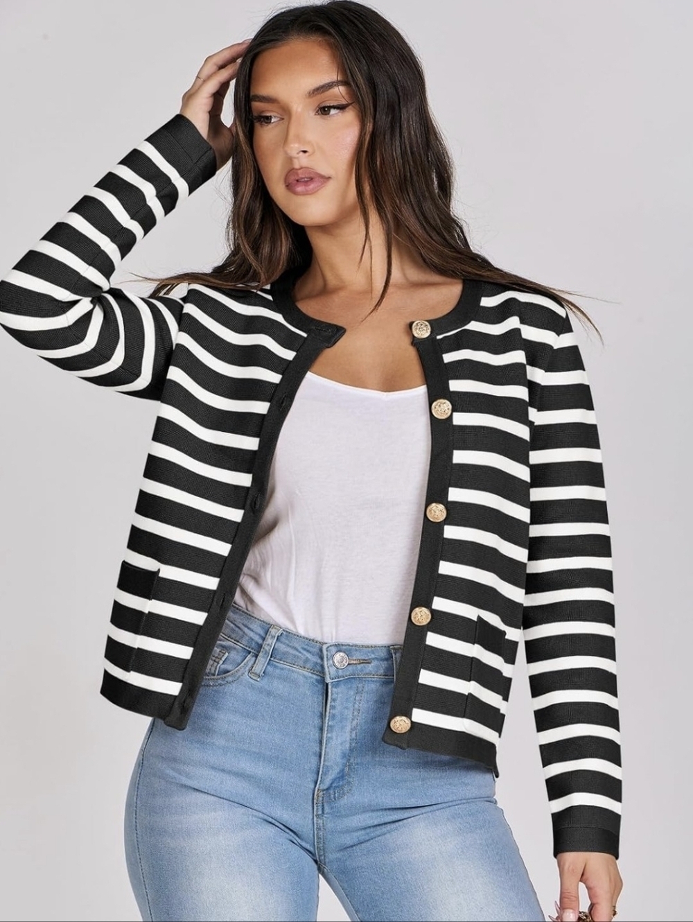 Women's Long Sleeve Striped Sweater Button Cardigan. Anrabess. NWT. Black/White - Picture 3 of 8